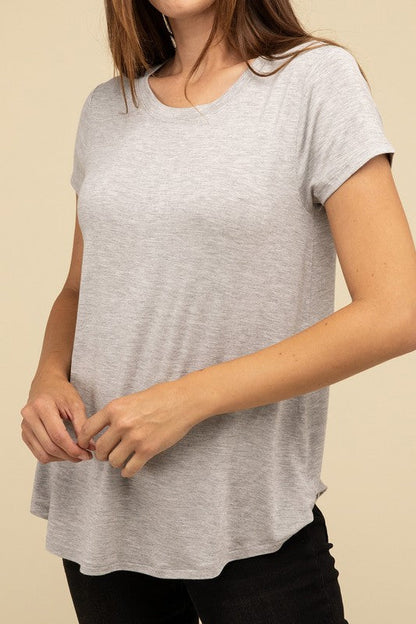 Flowy Round Hem Rayon Short Sleeve Top H GREY S by ZENANA | Fleurcouture