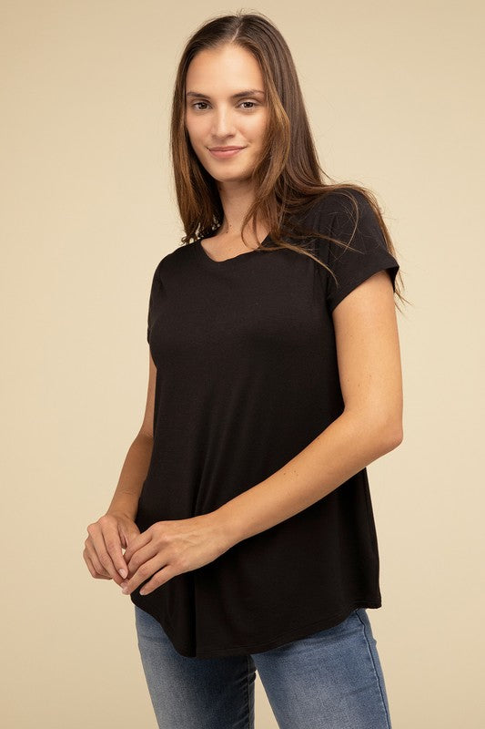 Flowy Round Hem Rayon Short Sleeve Top by ZENANA | Fleurcouture