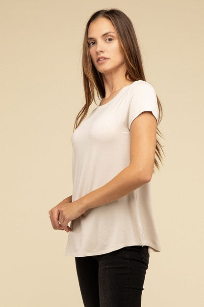 Flowy Round Hem Rayon Short Sleeve Top by ZENANA | Fleurcouture