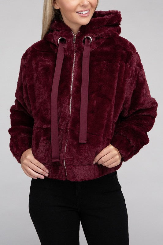 Fluffy Zip-Up Teddy Hoodie Burgundy S by Ambiance Apparel | Fleurcouture