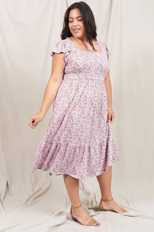 Flutter Sleeve Ditsy Floral Sundress Blue Pink by EG fashion | Fleurcouture
