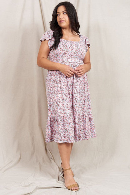 Flutter Sleeve Ditsy Floral Sundress Blue Pink by EG fashion | Fleurcouture