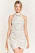 FOGGY FOIL OVERLAP SHIRRED DRESS IVORY/GOLD S by Jade By Jane | Fleurcouture