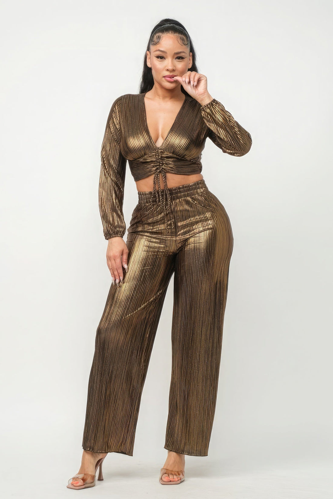 Foil Plisse Tunnel Shirring Top And Pants Set by Fleurcouture | Fleurcouture