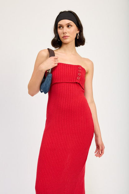 FOLD OVER RIBBED TUBE DRESS RED by Emory Park | Fleurcouture