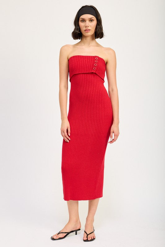 FOLD OVER RIBBED TUBE DRESS RED by Emory Park | Fleurcouture