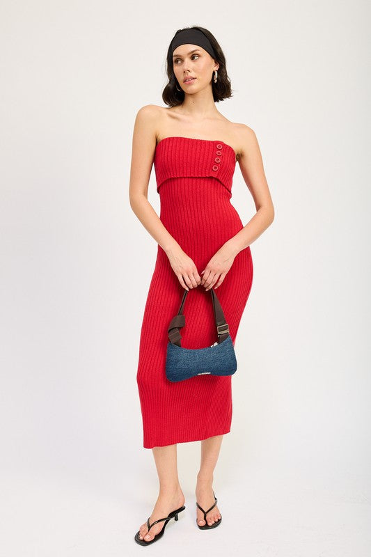 FOLD OVER RIBBED TUBE DRESS RED by Emory Park | Fleurcouture