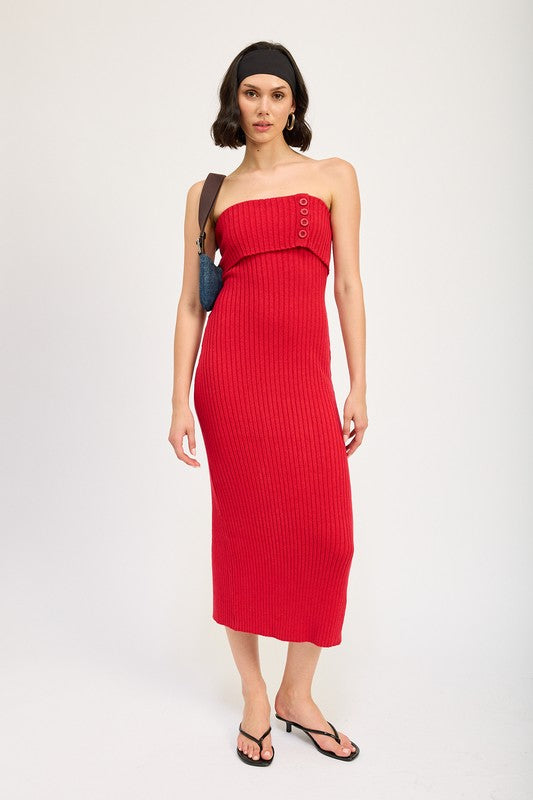 FOLD OVER RIBBED TUBE DRESS RED S by Emory Park | Fleurcouture