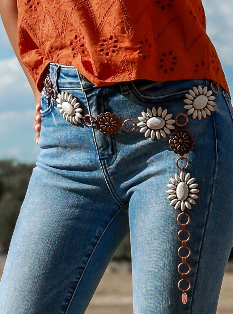 Forever Chasing Cowboys Copper Cream Floral Concho Link Belt Copper One Size Belts by Southern Grace | Fleurcouture