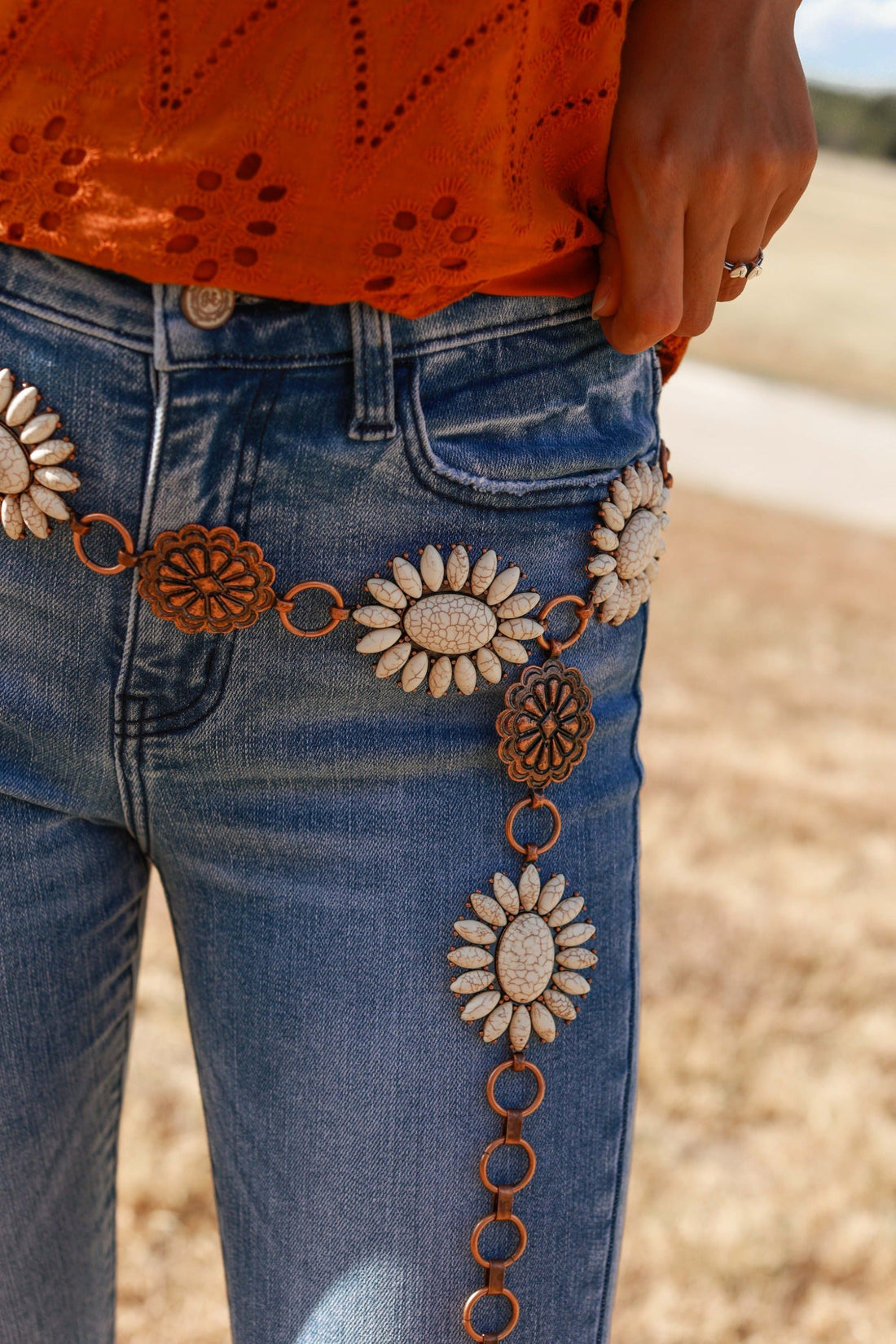 Forever Chasing Cowboys Copper Cream Floral Concho Link Belt Copper One Size Belts by Southern Grace | Fleurcouture