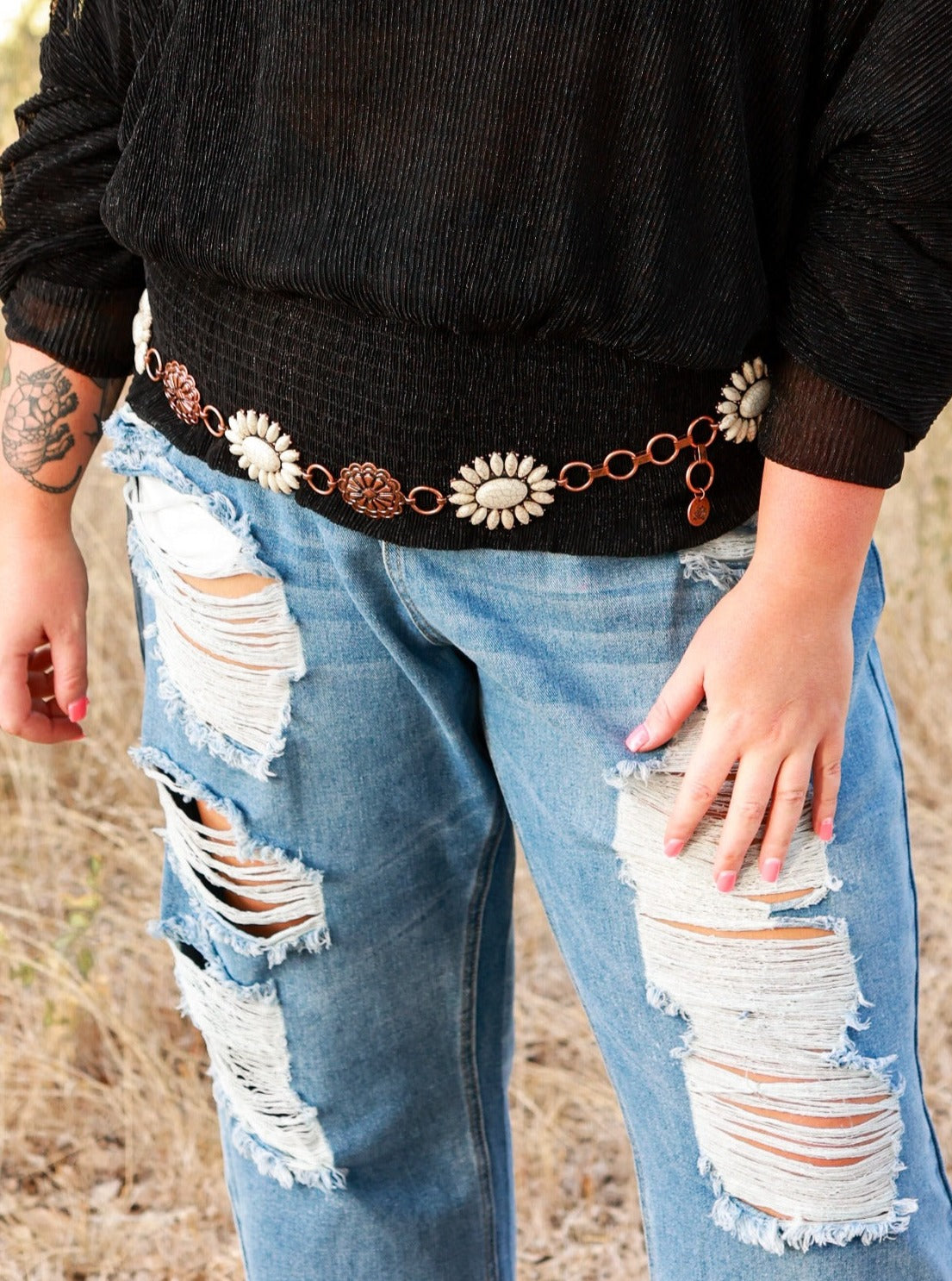 Forever Chasing Cowboys Copper Cream Floral Concho Link Belt Plus Copper Plus Size Belts by Southern Grace | Fleurcouture