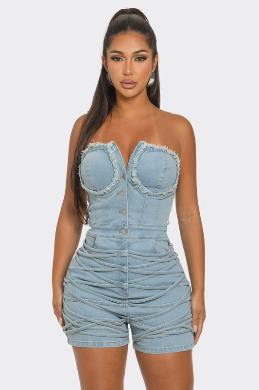 Frayed Edge Denim Corset Romper DENIM by Athina | Fleurcouture