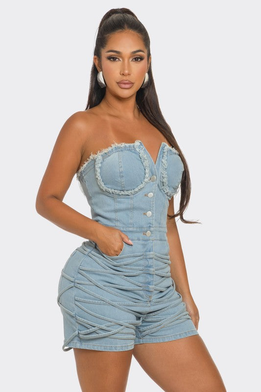 Frayed Edge Denim Corset Romper DENIM by Athina | Fleurcouture