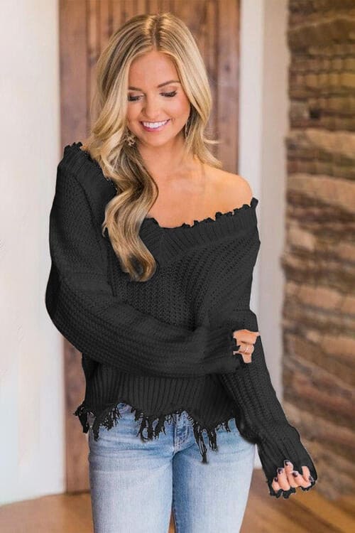 Frayed Hem Dropped Shoulder Sweater Black S by Trendsi | Fleurcouture