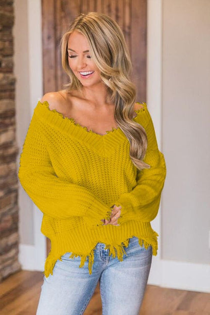 Frayed Hem Dropped Shoulder Sweater Chartreuse S by Trendsi | Fleurcouture