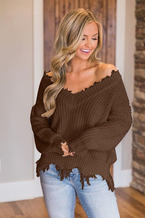 Frayed Hem Dropped Shoulder Sweater Chestnut S by Trendsi | Fleurcouture