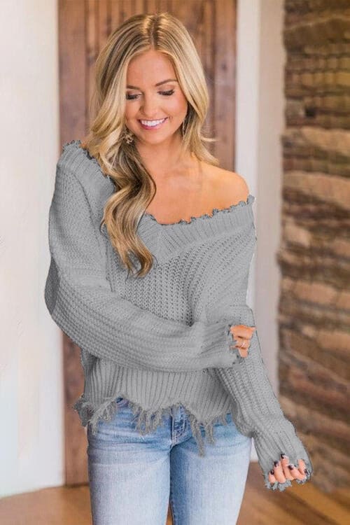 Frayed Hem Dropped Shoulder Sweater Cloudy Blue S by Trendsi | Fleurcouture