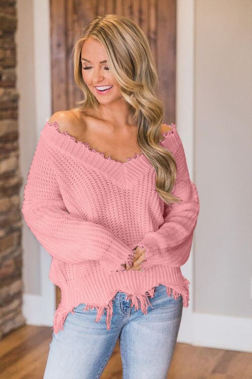 Frayed Hem Dropped Shoulder Sweater Dusty Pink S by Trendsi | Fleurcouture