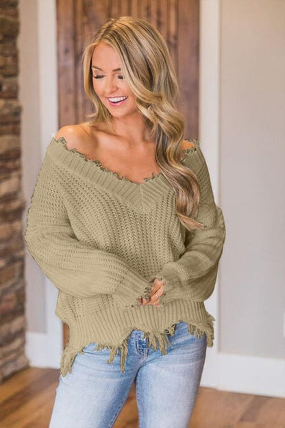 Frayed Hem Dropped Shoulder Sweater Khaki S by Trendsi | Fleurcouture