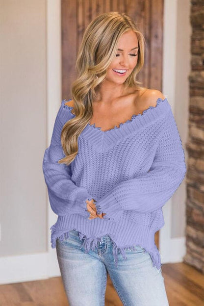 Frayed Hem Dropped Shoulder Sweater Lavender S by Trendsi | Fleurcouture