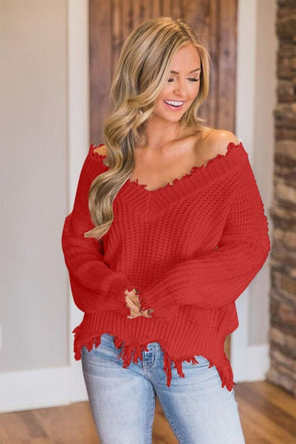 Frayed Hem Dropped Shoulder Sweater Red S by Trendsi | Fleurcouture