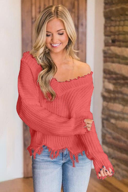 Frayed Hem Dropped Shoulder Sweater by Trendsi | Fleurcouture