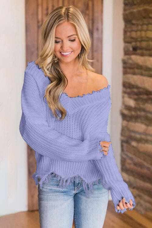 Frayed Hem Dropped Shoulder Sweater by Trendsi | Fleurcouture