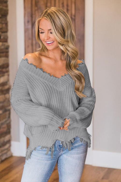 Frayed Hem Dropped Shoulder Sweater by Trendsi | Fleurcouture