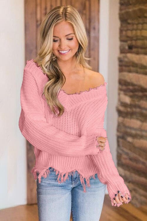 Frayed Hem Dropped Shoulder Sweater by Trendsi | Fleurcouture