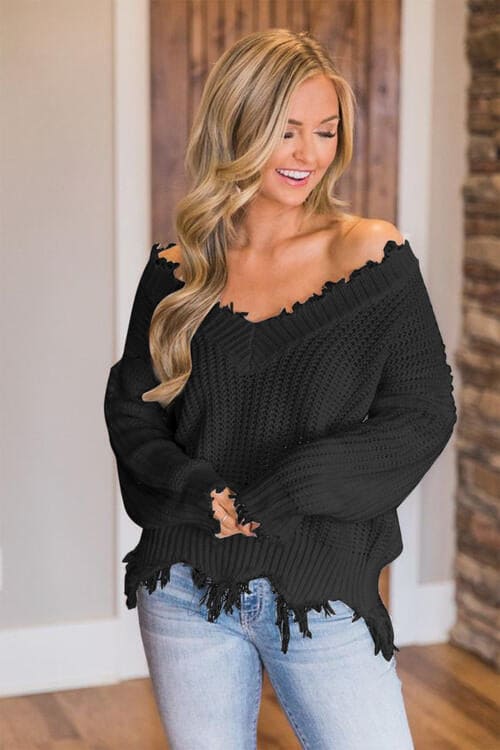 Frayed Hem Dropped Shoulder Sweater by Trendsi | Fleurcouture