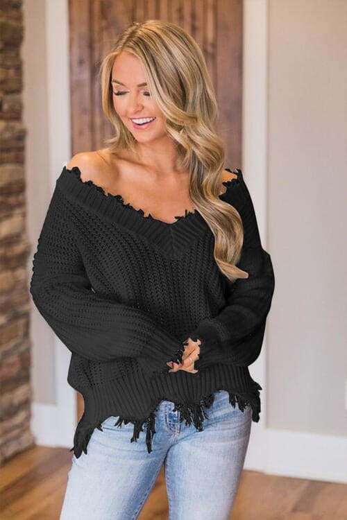 Frayed Hem Dropped Shoulder Sweater by Trendsi | Fleurcouture