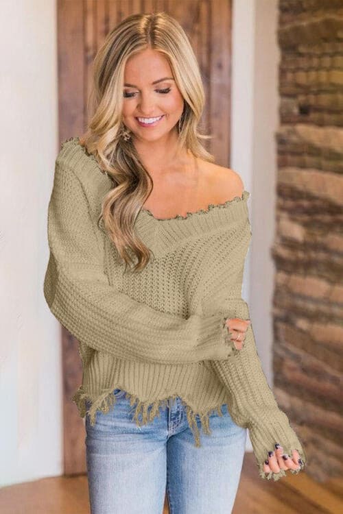 Frayed Hem Dropped Shoulder Sweater by Trendsi | Fleurcouture