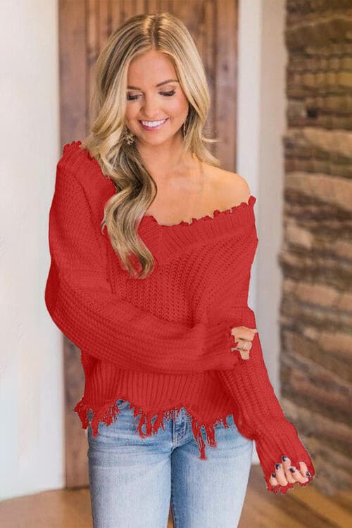 Frayed Hem Dropped Shoulder Sweater by Trendsi | Fleurcouture