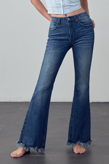 Frayed Hem Flare Jeans DARK 0 by Denim Lab USA | Fleurcouture