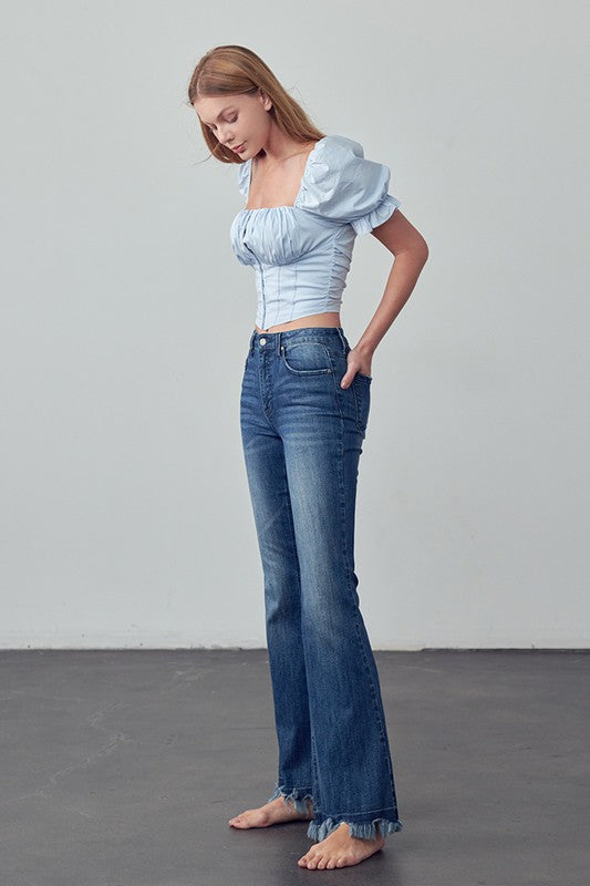 Frayed Hem Flare Jeans DARK by Denim Lab USA | Fleurcouture