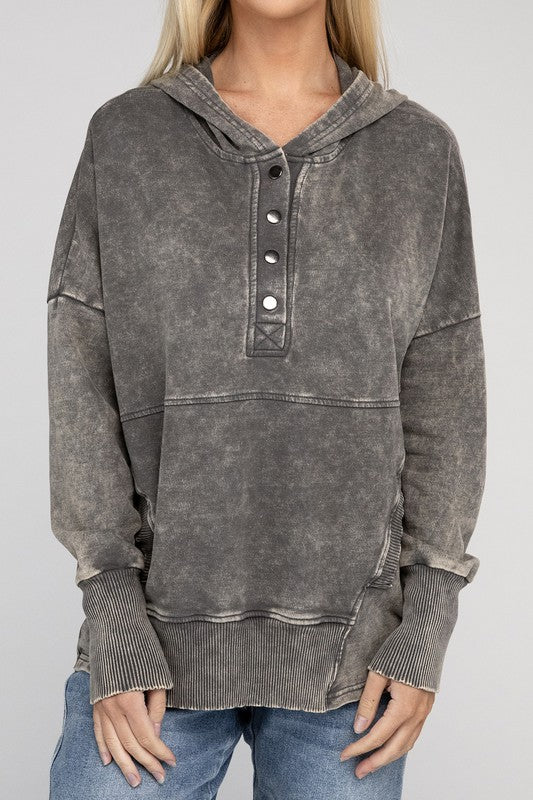 French Terry Acid Wash Kangaroo Pocket Hoodie MOCHA GREY S by ZENANA | Fleurcouture