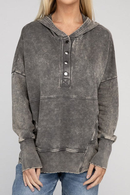 French Terry Acid Wash Kangaroo Pocket Hoodie MOCHA GREY S by ZENANA | Fleurcouture