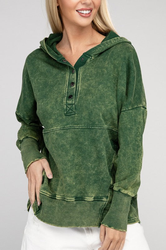 French Terry Acid Wash Kangaroo Pocket Hoodie by ZENANA | Fleurcouture