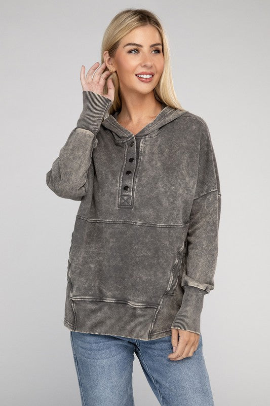 French Terry Acid Wash Kangaroo Pocket Hoodie by ZENANA | Fleurcouture