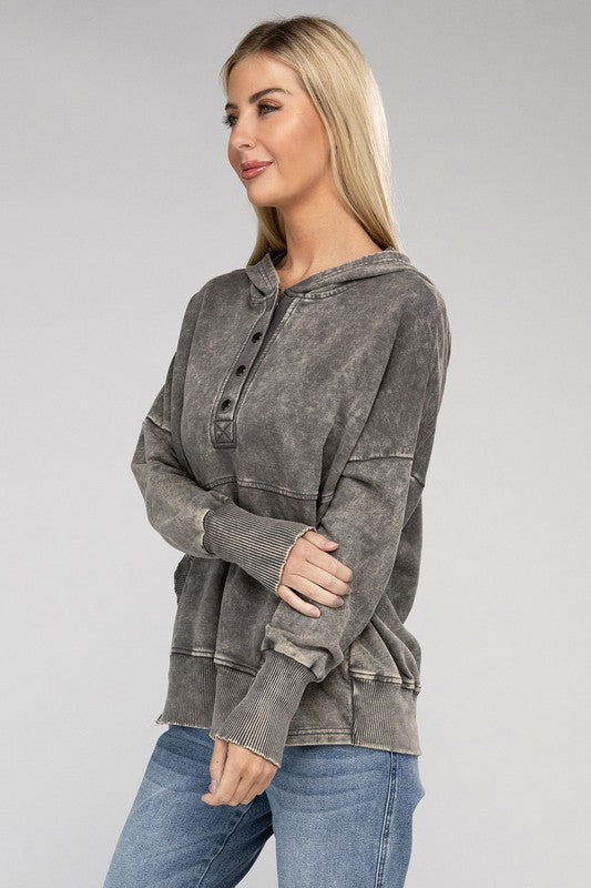 French Terry Acid Wash Kangaroo Pocket Hoodie by ZENANA | Fleurcouture