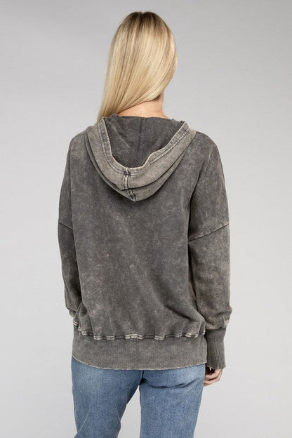 French Terry Acid Wash Kangaroo Pocket Hoodie by ZENANA | Fleurcouture