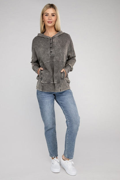 French Terry Acid Wash Kangaroo Pocket Hoodie by ZENANA | Fleurcouture