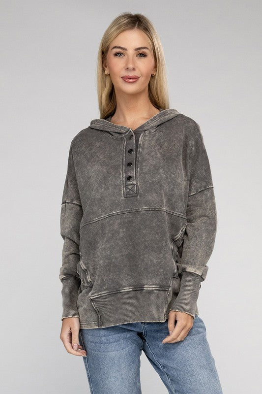 French Terry Acid Wash Kangaroo Pocket Hoodie by ZENANA | Fleurcouture