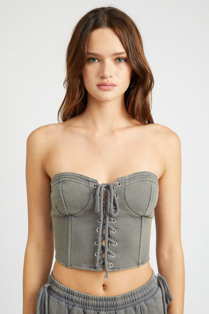 FRENCH TERRY STRAPLESS BUSTIER TOP BROWN by Emory Park | Fleurcouture