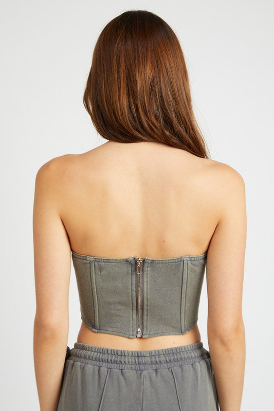 FRENCH TERRY STRAPLESS BUSTIER TOP BROWN by Emory Park | Fleurcouture