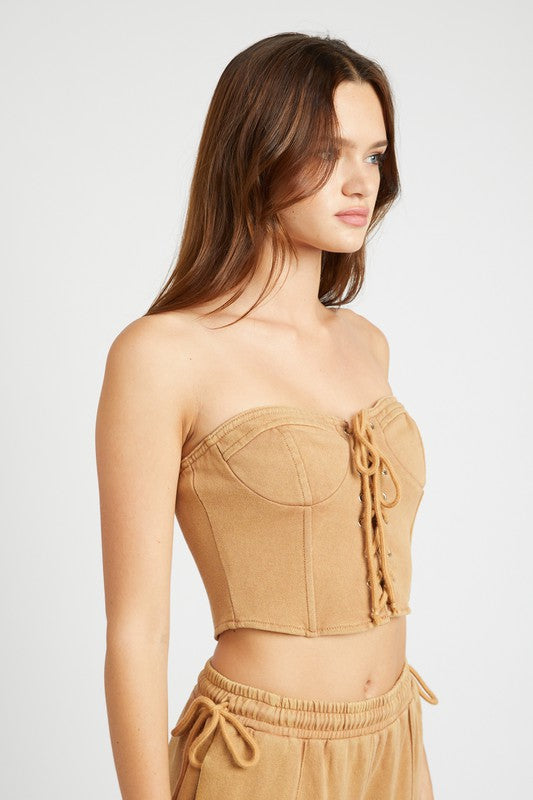 FRENCH TERRY STRAPLESS BUSTIER TOP BROWN by Emory Park | Fleurcouture