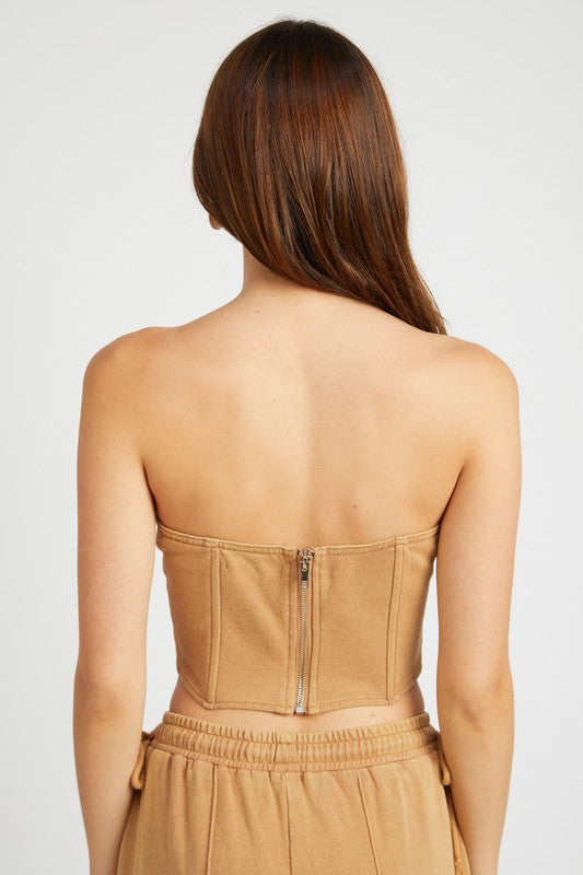 FRENCH TERRY STRAPLESS BUSTIER TOP BROWN by Emory Park | Fleurcouture