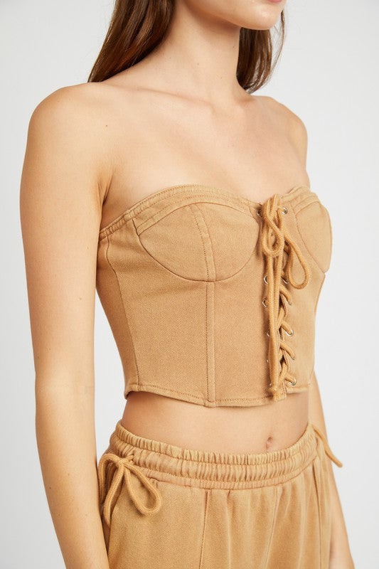 FRENCH TERRY STRAPLESS BUSTIER TOP BROWN by Emory Park | Fleurcouture