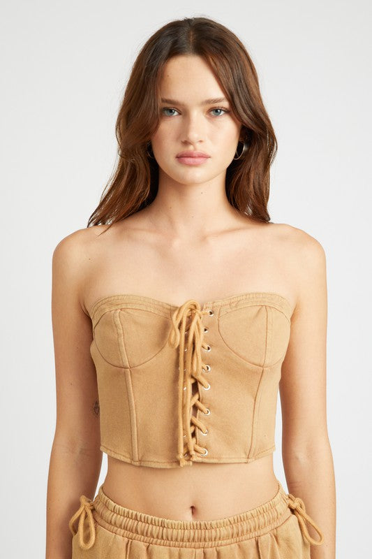 FRENCH TERRY STRAPLESS BUSTIER TOP BROWN S by Emory Park | Fleurcouture