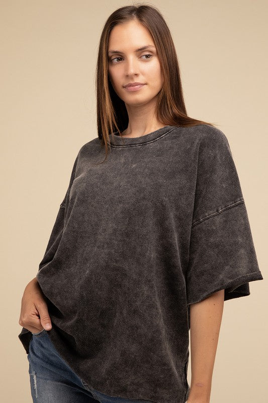 French Terry Washed Drop Shoulder Short Sleeve Top ASH BLACK by ZENANA | Fleurcouture